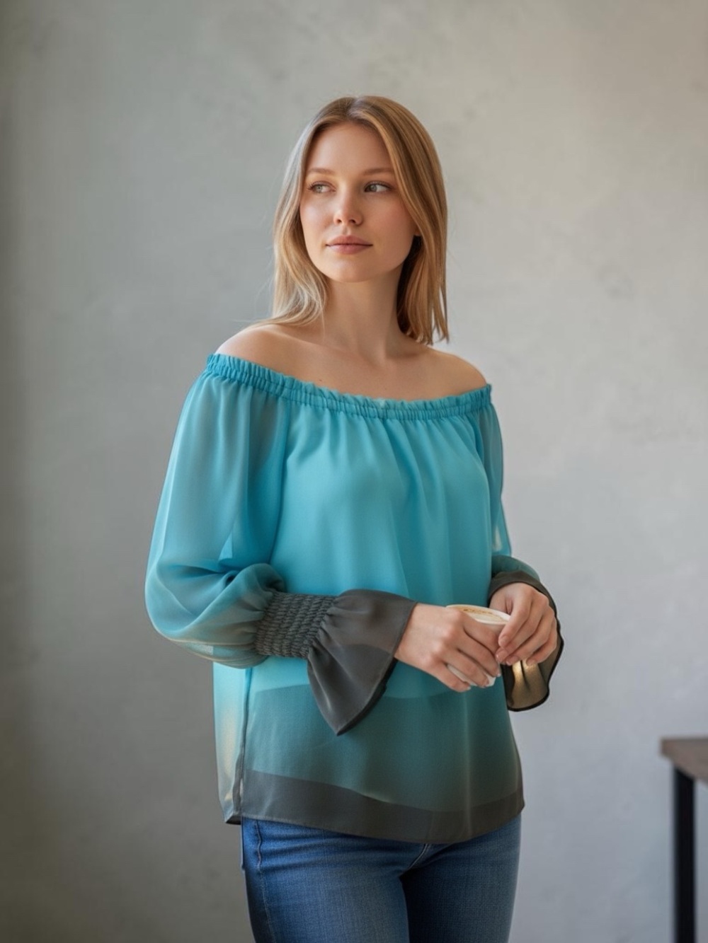 White House Black Market Teal Ombre Off-Shoulder Blouse